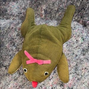 Vintage Corduroy Plush Frog Bean Stuffed Toy with Pink Bow